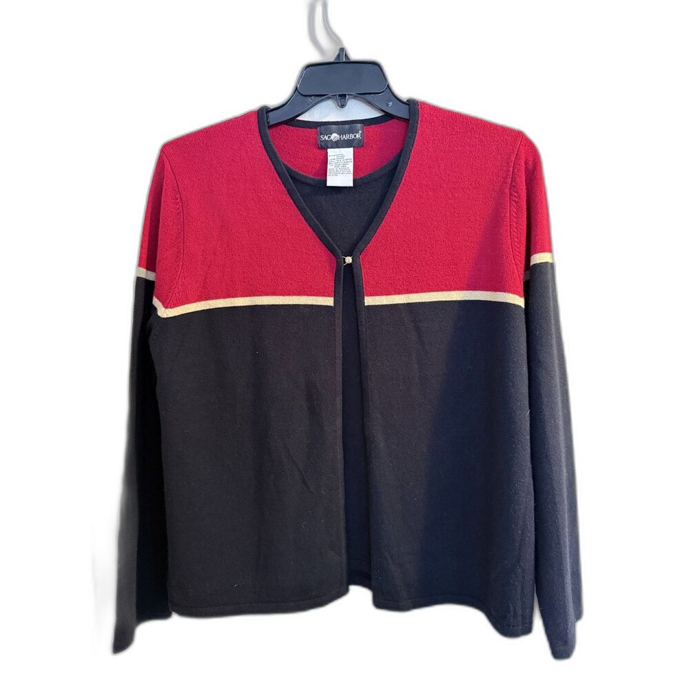 Vintage Sag Harbor Colorblock Cardigan Sweater Red Black Large 90s Academia